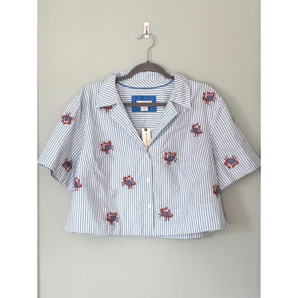 Maeve Tops - Maeve Blue White Striped Embroidered Cotton Crab Cropped Button Down Shirt L NWT